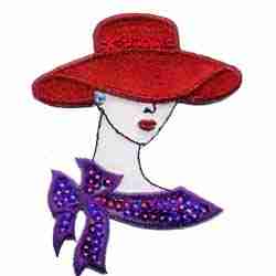 An image of a woman wearing a Red Hat Lady Iron On Patch Applique - Small Sequined.