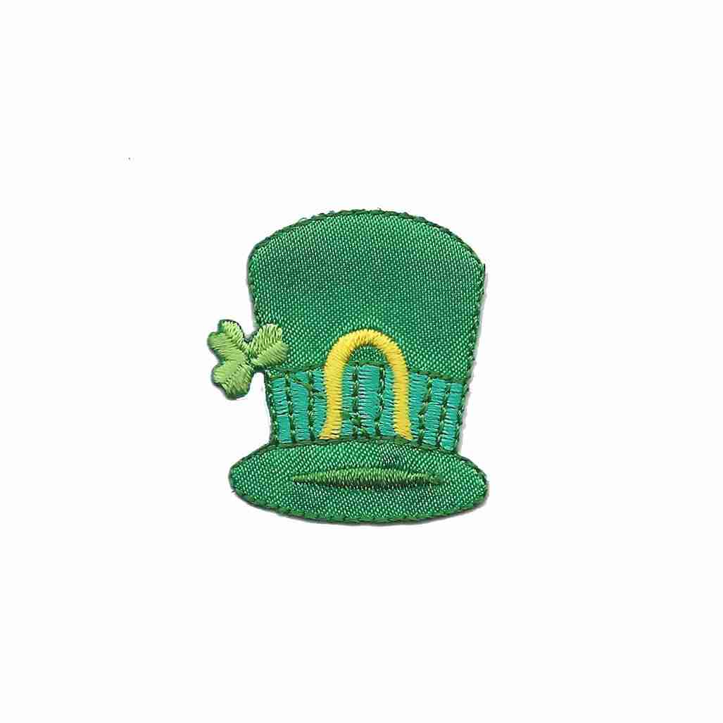 A Leprechaun's Hat with Shamrock and Gold Horse Shoe St. Patrick's Day Iron On Patch embroidered on a white background.