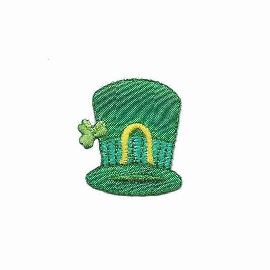 A Leprechaun's Hat with Shamrock and Gold Horse Shoe St. Patrick's Day Iron On Patch embroidered on a white background.