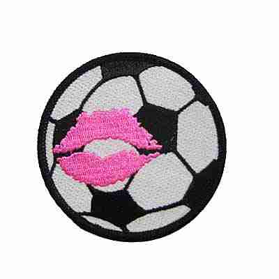 A Large Soccerball Kiss 3" Iron On Sports Patch with a pink kiss on it.
