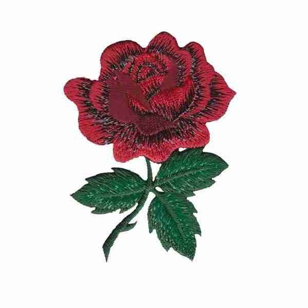 A Red Rose with Stem Floral Iron On Patch with Sparkling Thread on a white background.