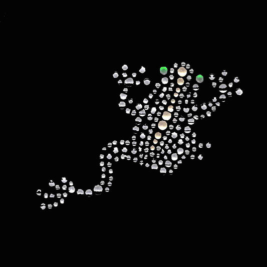 A Silver Rhinestone Frog Iron On Applique on a black background.