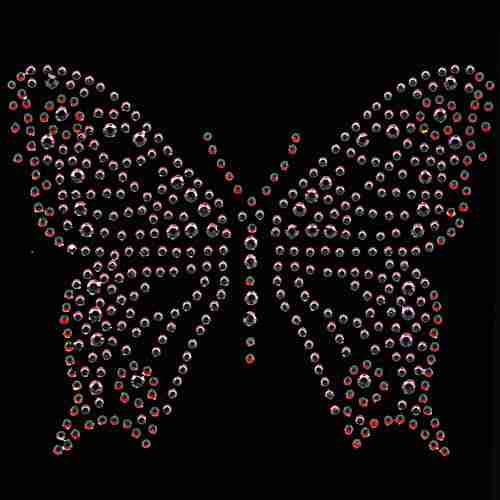 A Pink Butterfly Medium Rhinestone/Rhinestud Iron On Hotfix Applique made of rhinestones on a black background.