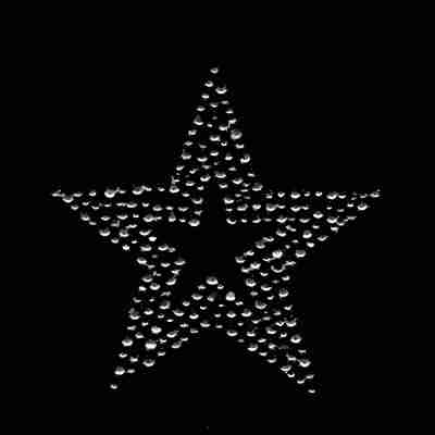 The Laughing Lizards Small Clear 3" Rhinestone Star Iron on Applique features evenly spaced, round rhinestones forming a star shape against black—ideal for DIY craft projects.