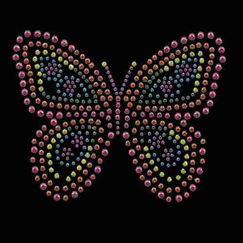 A Multicolored Rhinestud Butterfly Iron on Applique - Large made of colorful beads on a black background.