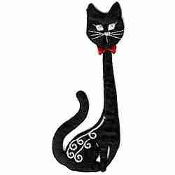 Satin Black Long-Necked Cat Iron on by Laughing Lizards features a black cat with a spiral tail, white face, and red bow tie—ideal as an applique or unique patch for DIY craft projects.