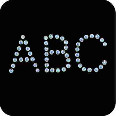 Block Letters (1"H) Iron On Rhinestone Appliques in the shape of the letter abc on a black background.