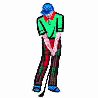 An image of a Male Golfer Putting Iron On Golf Patch with a green shirt and plaid pants.