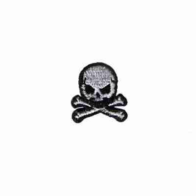 An Extra Small Skull & Crossbones Iron On Patch (10 Pack) - Red embroidered patch on a white background.