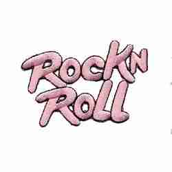 The Rock N Roll Embroidered Script Iron On Patch: Pink or Black on a white background.
