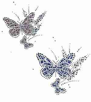 Two Double Butterflies Iron On Rhinestone Appliques with blue and white dots on a white background.