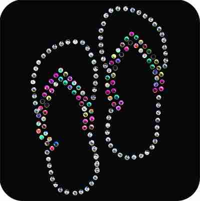 A pair of Small Rhinestone Flip Flop Iron On Appliques with colorful beads on them.