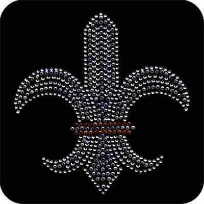 A Fleur de Lis Rhinestone Iron On Applique on a black background.