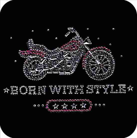 Born with Style Biker Rhinestone Iron On Applique motorcycle sticker.