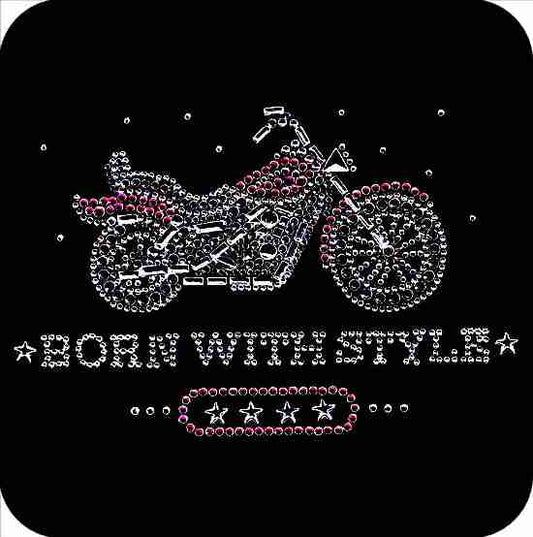 Born with Style Biker Rhinestone Iron On Applique motorcycle sticker.