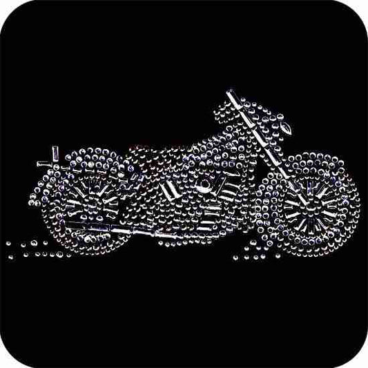 A picture of a Silver/Grey Motorcycle Biker Iron On Rhinestone Applique on a black background.