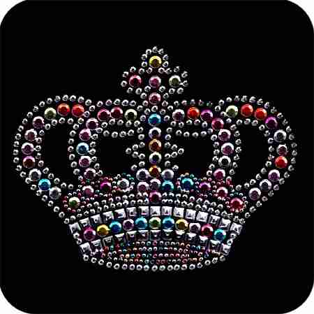 A Large Colorful Royal Crown Rhinestud Iron On Applique with colorful stones on a black background.