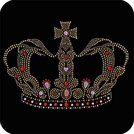 An Extra Large Queen's Crown Rhinestud Iron On Applique on a black background.
