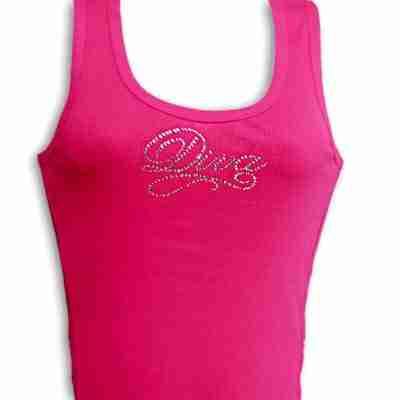 A Diva script in Clear Rhinestones Iron on Applique pink tank top.