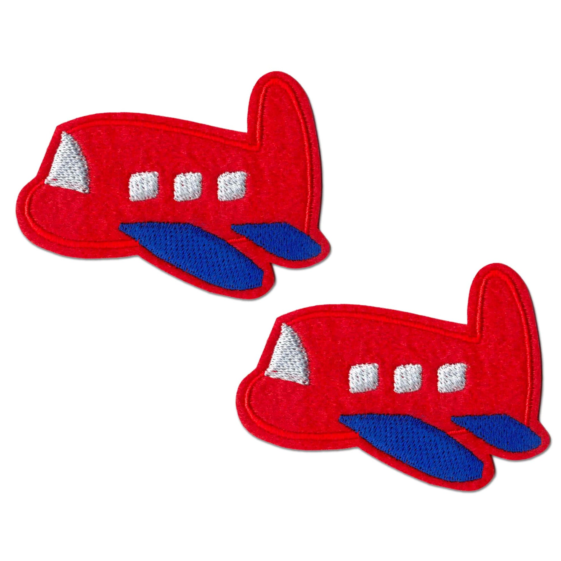 Laughing Lizards Red Airplane Embroidered Iron on Patch Applique (2-Pack)—features blue wings and white windows; perfect for DIY projects and machine washable for easy care.