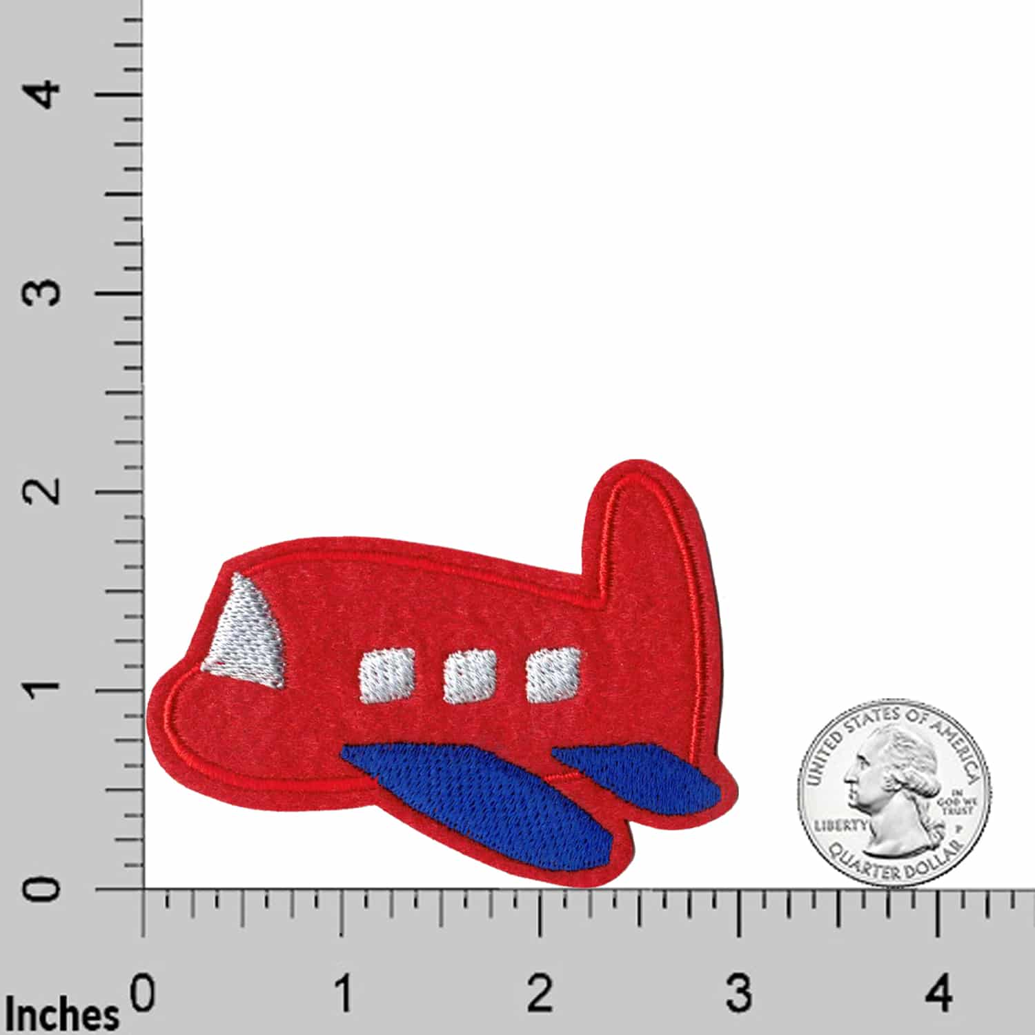 Laughing Lizards Red Airplane (2-Pack) Embroidered Iron on Patch Applique shown next to a U.S. quarter and ruler, measures about 3 inches wide—ideal for DIY projects and is machine washable for easy care.