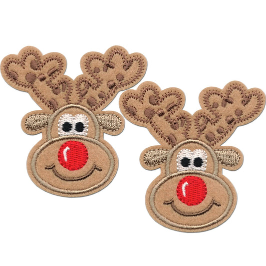 The Laughing Lizards Reindeer Patches (2 Pack) are embroidered iron-on appliques featuring cartoon reindeer with red noses and antlers—perfect festive accents for clothing or accessories.