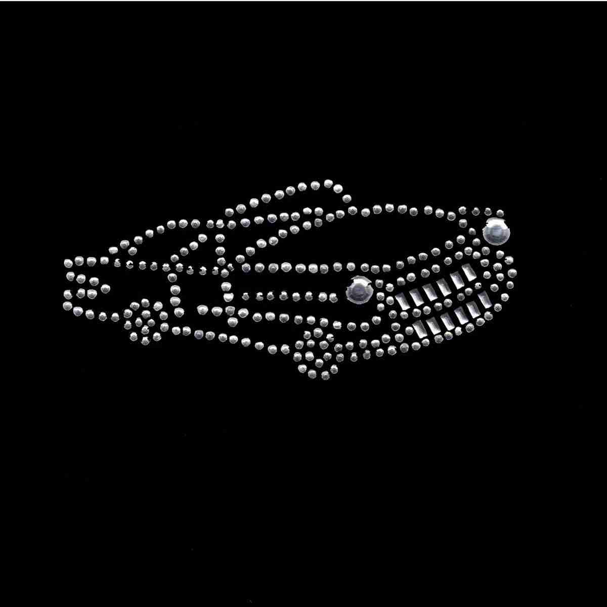 A silver Rhinestones Cadillac Iron on Applique in Clear Stones and Silver Studs car brooch on a black background.