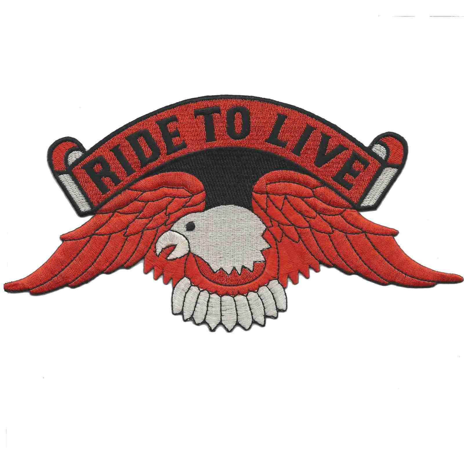 The Laughing Lizards Ride to Live Orange Eagle Backpatch Iron On Patch showcases a red-winged eagle with a white head and “Ride To Live” banner—ideal for motorcycle jackets or as an eye-catching embroidered patch.