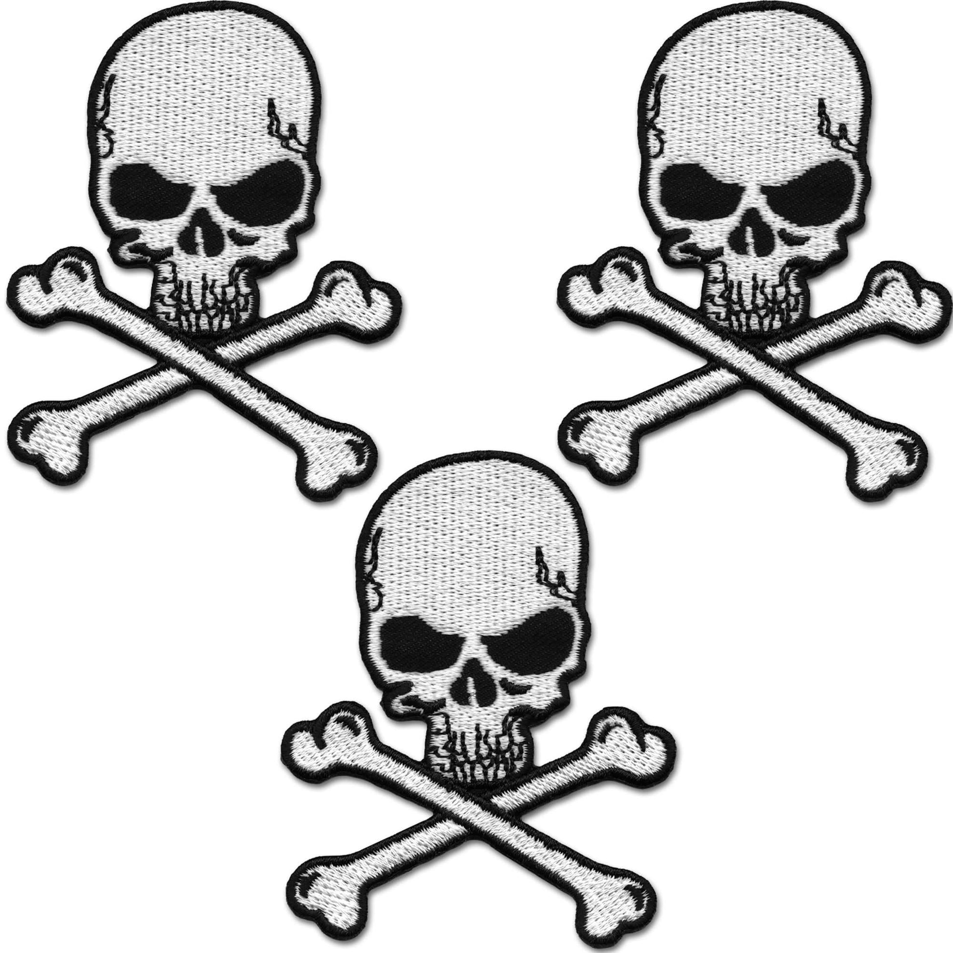 Laughing Lizards Skull and Crossbones Patches (3-Pack) are embroidered iron on appliques, arranged in a triangular pattern on white—ideal for your next DIY craft accessory project.