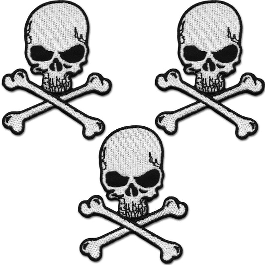 Laughing Lizards Skull and Crossbones Patches (3-Pack) are embroidered iron on appliques, arranged in a triangular pattern on white—ideal for your next DIY craft accessory project.