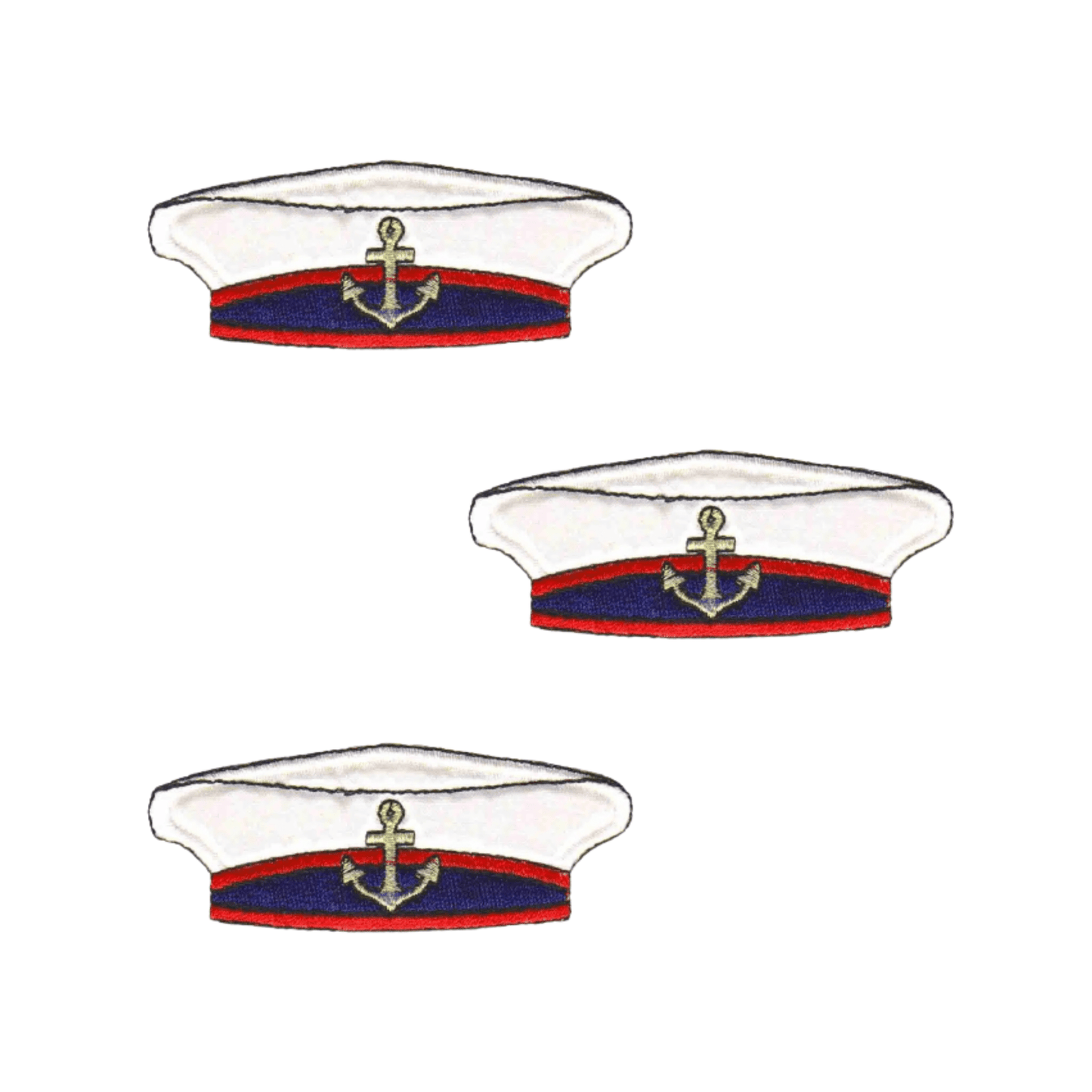 The Laughing Lizards Sailor's Hat (3-Pack) Iron on Patch features identical white hats with blue and red bands plus gold anchor emblems, ideal as nautical appliques for crafting or as sailor hat patches. Arranged on a white background.