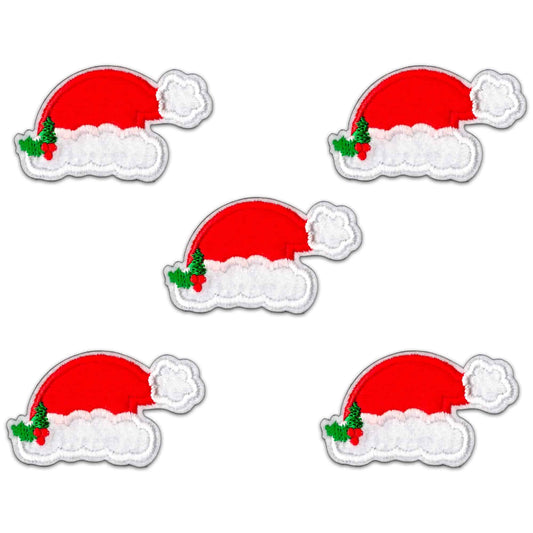 Six Santa Hat Patches (5-Pack) Christmas Embroidered Iron On Patch Appliques on a white background.