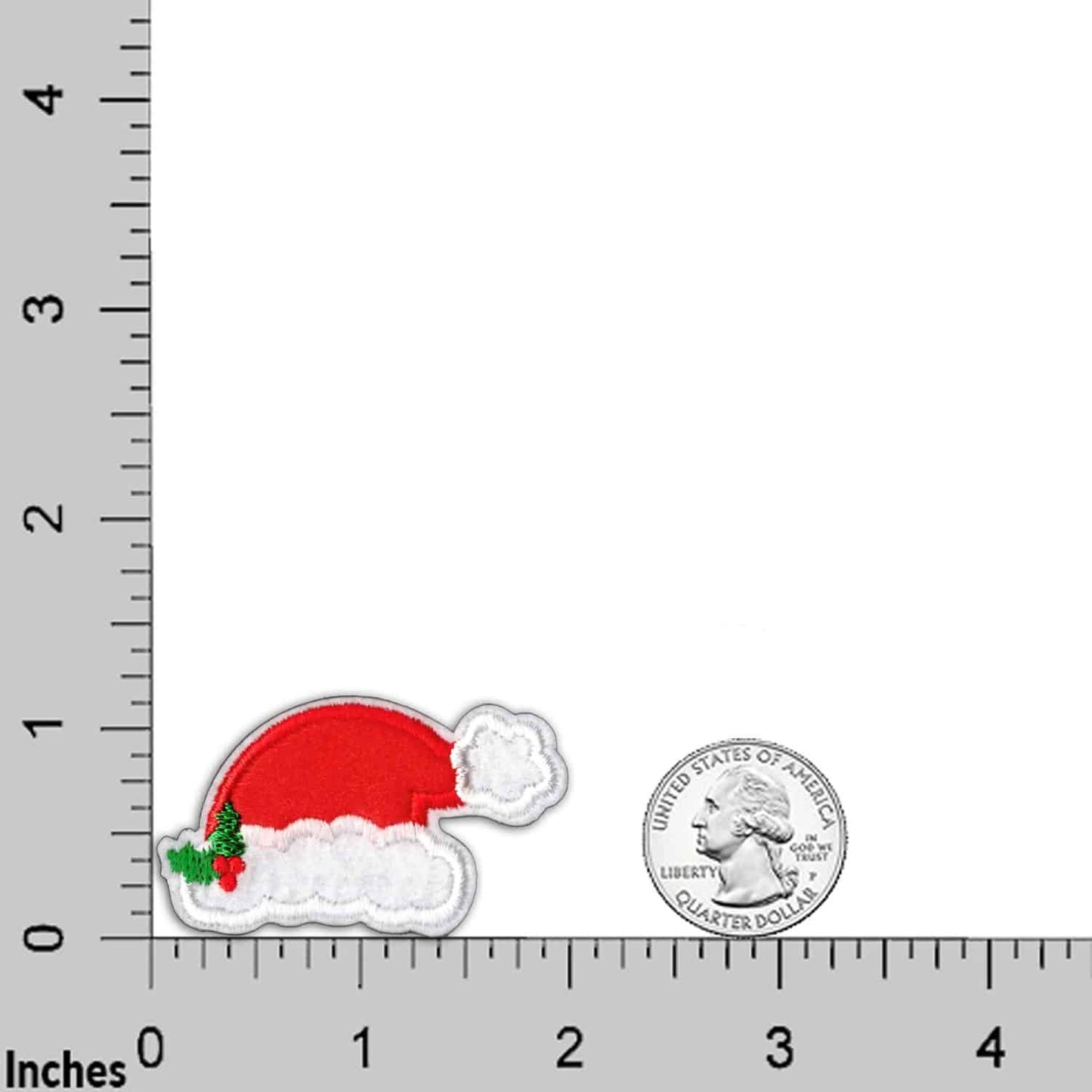 Santa Hat Patches (5-Pack) Christmas Embroidered Iron On Patch Appliques are shown next to a ruler.