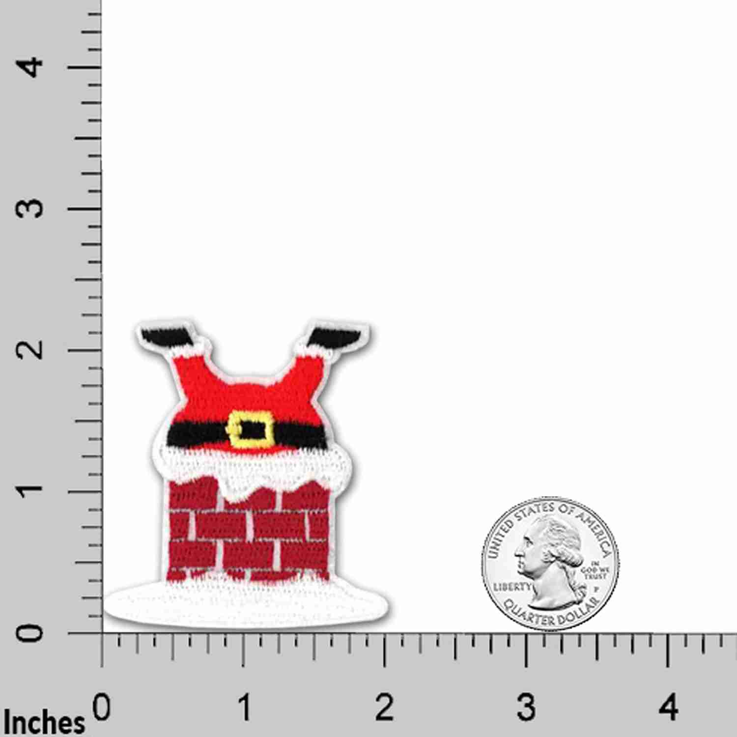 Santa Stuck in Chimney Patches (3-Pack) Christmas Iron On Patch Applique with a ruler next to it.