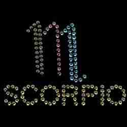 A black background with the Rhinestud Scorpio Zodiac Sign Iron On Applique written on it.