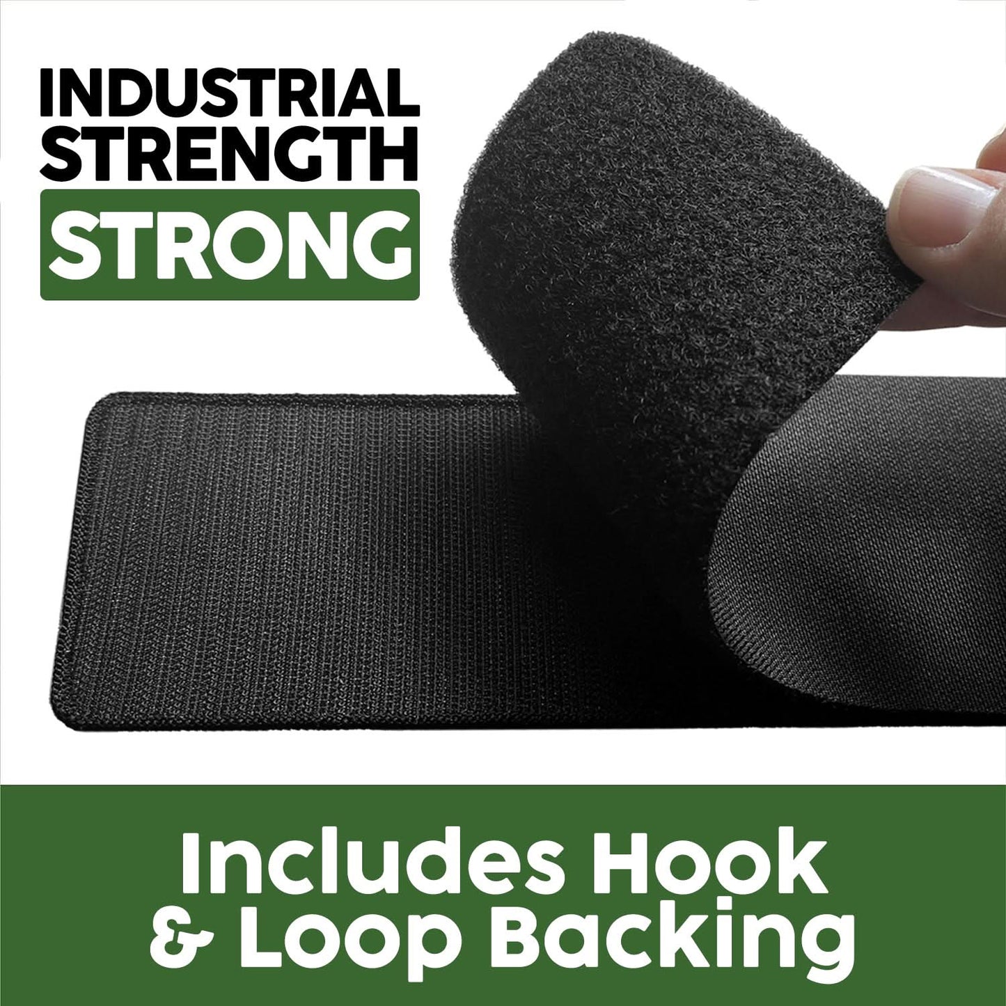A hand peels back a strip of Laughing Lizards Security Patch—an ultra reflective hook and loop patch for tactical vests. Text reads: "Industrial Strength Strong," "Durable Design," and "Includes Hook & Loop Backing.