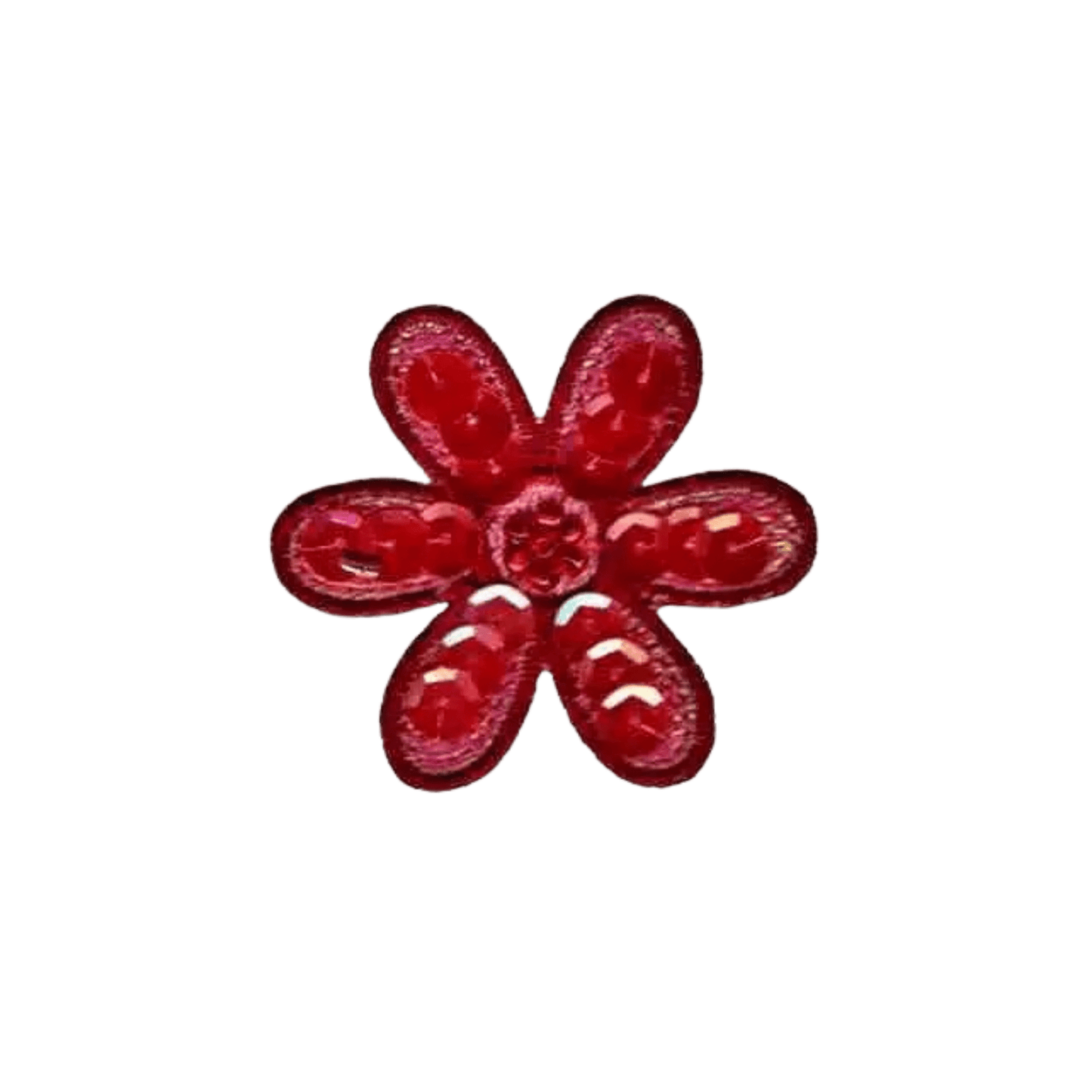 The Laughing Lizards Sequin Daisy (3-Pack) Iron On Floral Patch features a red, six-petaled design on white—ideal for DIY craft projects to add flair to bags, jackets, or hats.