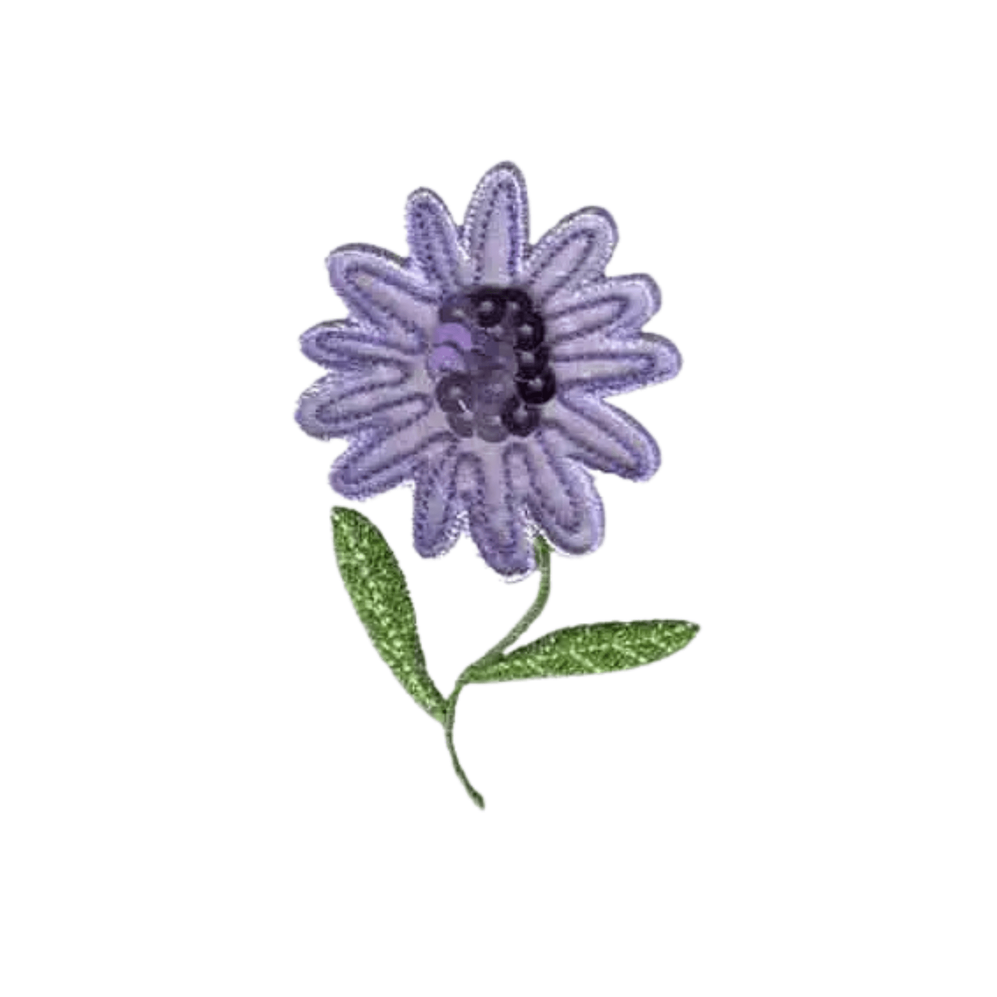 Laughing Lizards Sequin Flower (2-Pack) Iron On Patch - Lavender features purple sequined petals and green glitter leaves on white, perfect for decorating kids’ clothes or crafts.