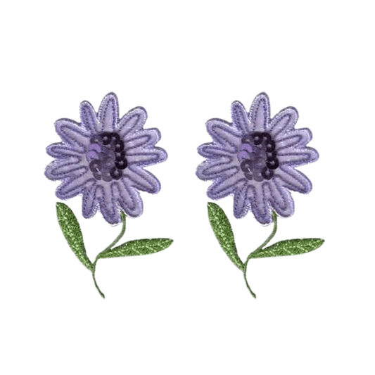 The Laughing Lizards Sequin Flower (2-Pack) Iron On Patch in lavender features two embroidered blooms with green stems, perfect for decorating kids' clothes or craft projects on a white background.