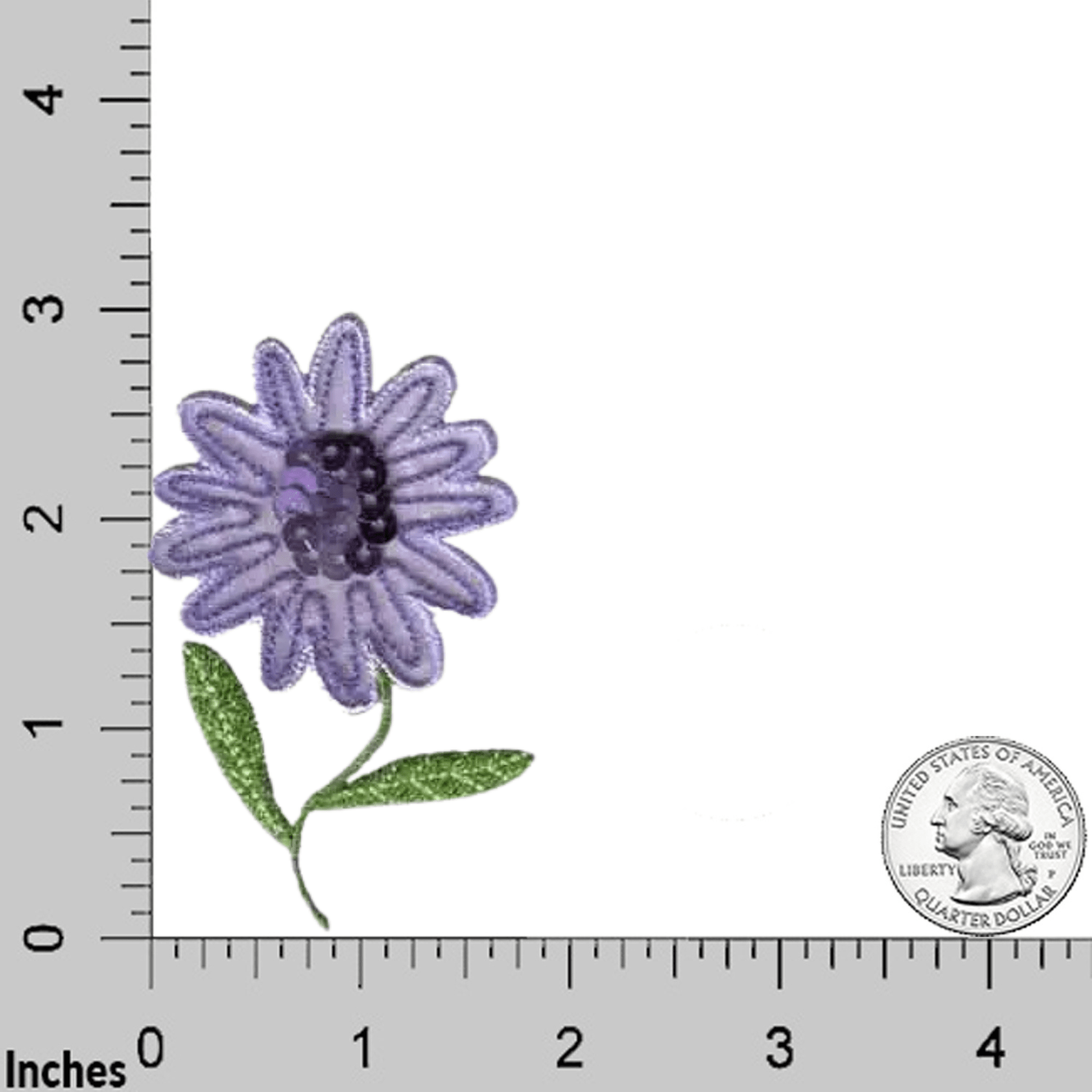 The Laughing Lizards Sequin Flower (2-Pack) Iron On Patch in lavender is shown with a U.S. quarter and an inch ruler for scale—ideal for decorating children's clothes or craft projects.