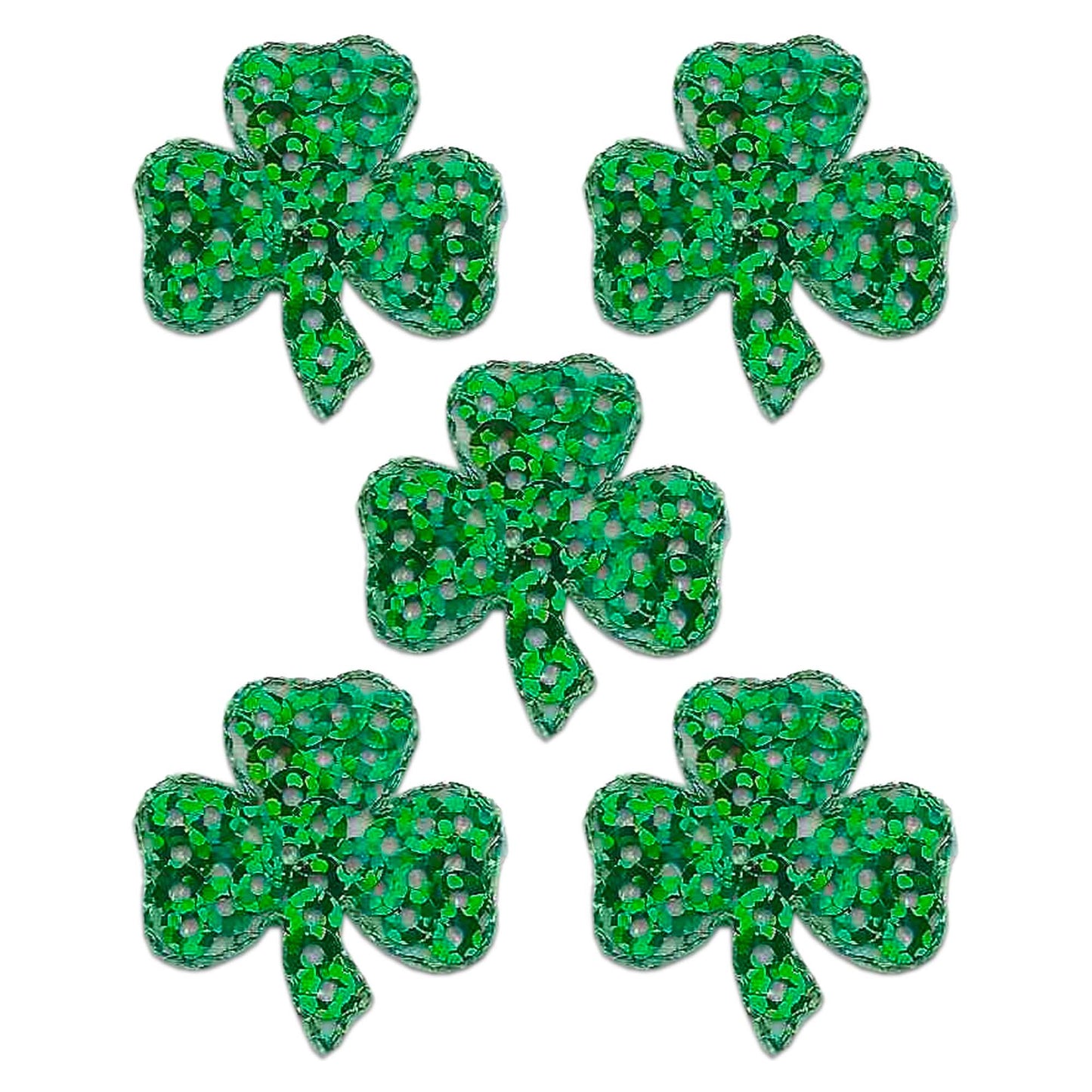 Four Sequined Shamrock Patches (5-Pack)St. Patrick's Day Embroidered Iron on Patch Appliques on a white background.