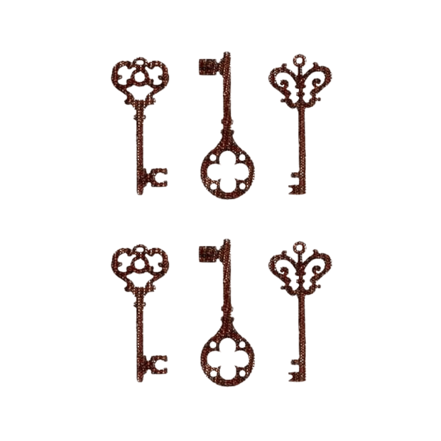 The Laughing Lizards Set of Three Embroidered Keys (2-Pack) Iron On Patch features vintage-style key designs, ideal for applique or DIY crafts. Each pack includes six intricately designed keys arranged on a white background.