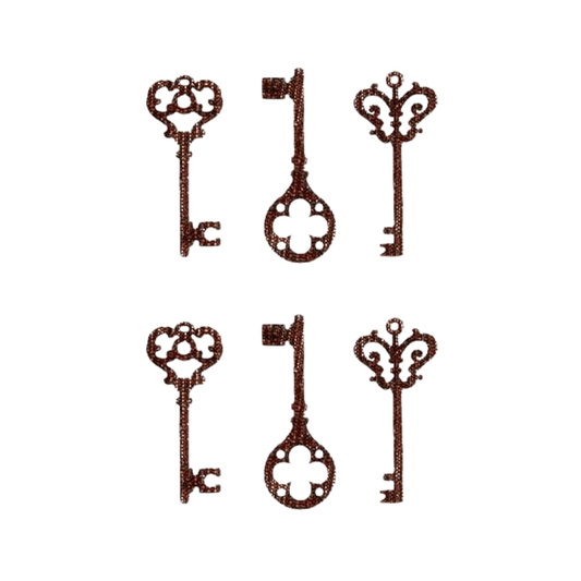 The Laughing Lizards Set of Three Embroidered Keys (2-Pack) Iron On Patch features vintage-style key designs, ideal for applique or DIY crafts. Each pack includes six intricately designed keys arranged on a white background.