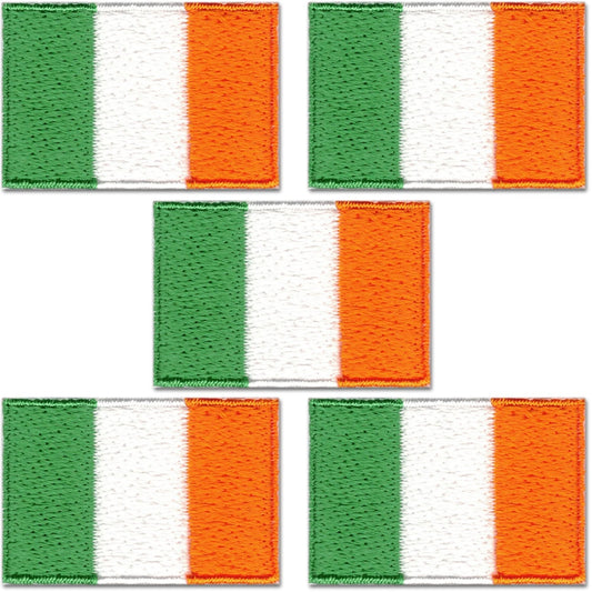 Get five Laughing Lizards Small Irish Flag Patches (1"x1.5") with vertical green, white, and orange stripes. These embroidered iron-on patches are ideal for collections or customizing clothing and accessories.