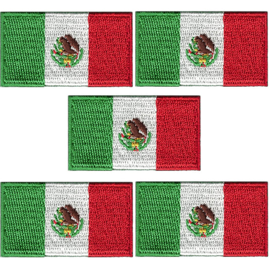 The Laughing Lizards Small Mexican Flag Patch (5-Pack) features embroidered patches with green, white, and red stripes and a central eagle emblem. Perfect as iron-on appliques for clothing or accessories.