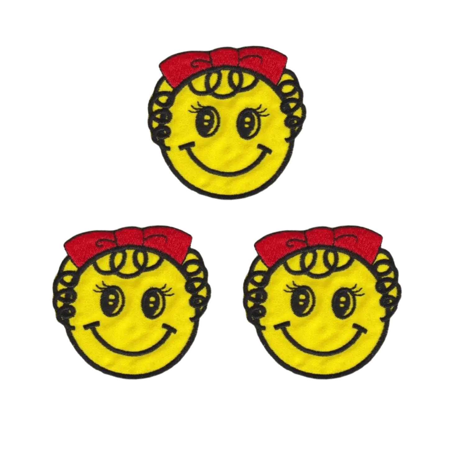 The Laughing Lizards Smiley Face Girl Patch with Curly Hair and Red Bow (3-Pack) Iron On Patches are arranged in a triangle on a white background.