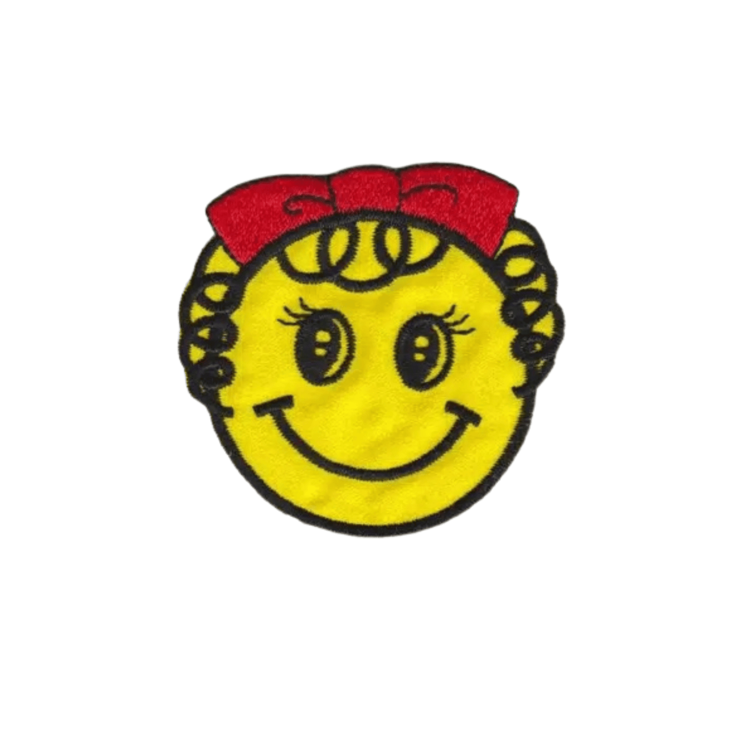 The Laughing Lizards Smiley Face Girl Patch with Curly Hair and Red Bow (3-Pack) is a cute iron on patch for jackets or bags, featuring a yellow smiley face with long eyelashes and a red bow on a white background.