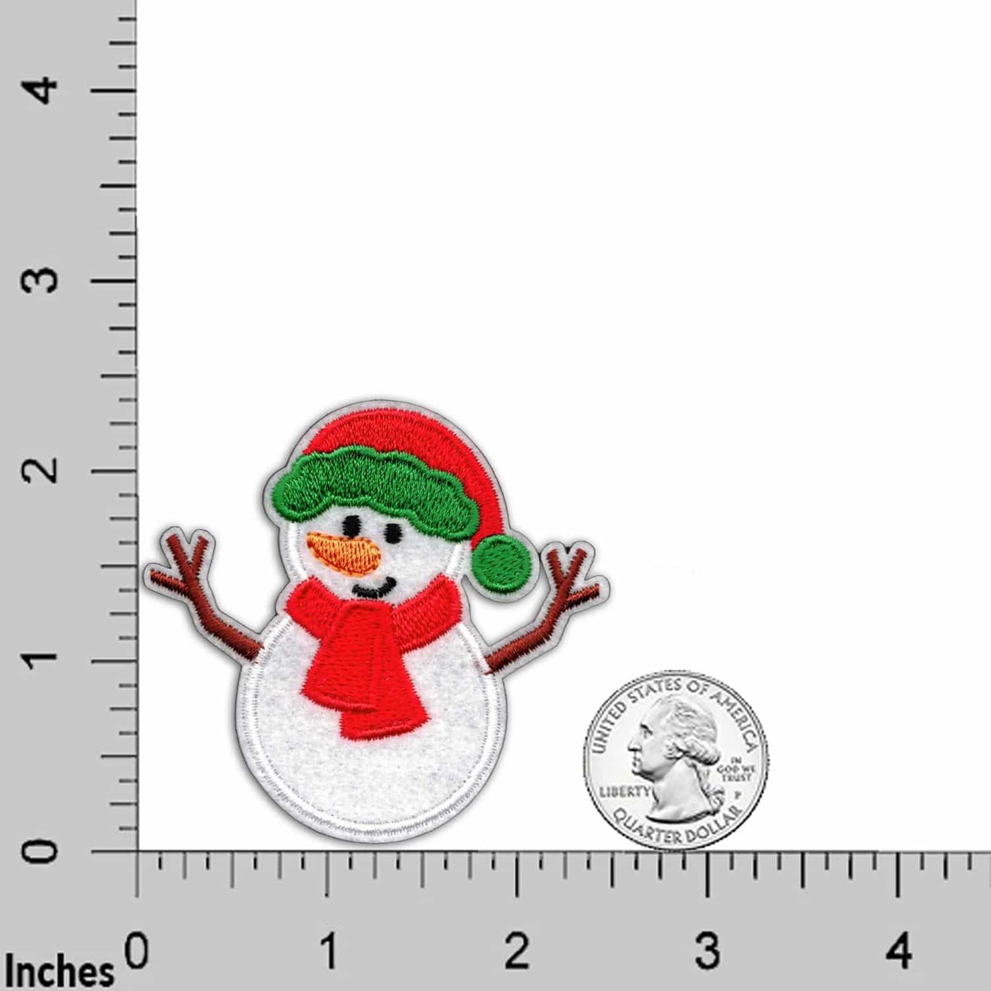 A Snowman Patches (2 Pack) Christmas Embroidered Iron on Patch Applique with a hat and scarf next to a ruler.