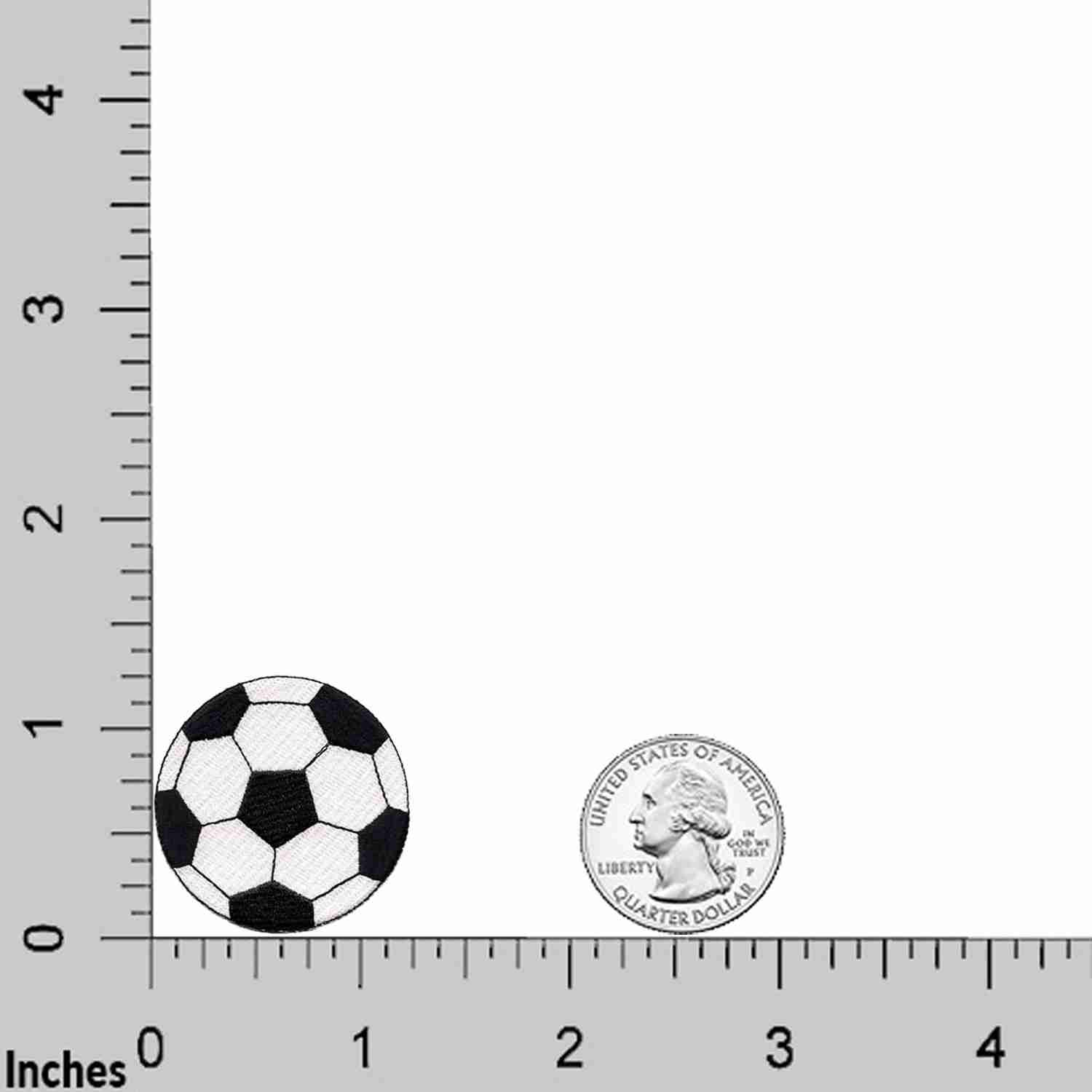 A ruler with Soccer Ball Patches (5-Pack) Sports Embroidered Iron On Patch Patches -Small and a coin next to it.
