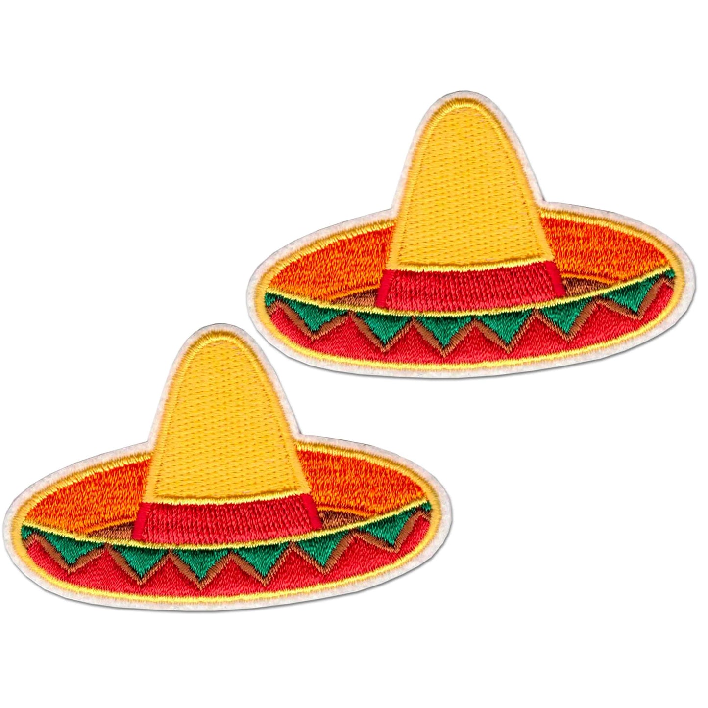The Laughing Lizards Sombrero Mexican Hat (2-Pack) Embroidered Iron on Patch Applique features colorful yellow and orange sombrero designs, ideal for DIY projects. Patches are shown on a white background.